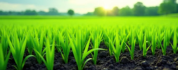 Fototapete Rund Green fields with rice plants emerging from soil, field, landscape © Prapasarabhron