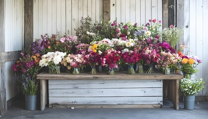 Fototapeta premium Rustic Colorful Summer Flower Bouquets on Wooden Table