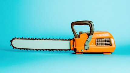 Fototapeta premium A professional chainsaw with a sturdy handle on a pastel blue background for a fresh look