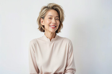 Obraz premium A woman with a short haircut and a white shirt is smiling