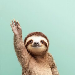 A sloth waving slowly with a funny expression, blank space for captions, funny greeting meme, adorable