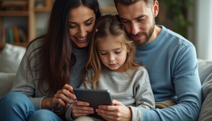 Fototapeta premium A loving family of three, a man, a woman, and their young daughter, are gathered on a cozy couch, engrossed in a tablet. The warm atmosphere radiates joy and connection, highlighting the beauty of