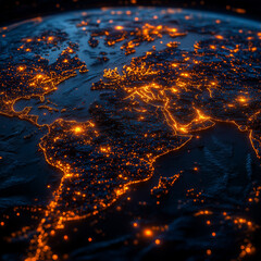 Nighttime earth view with glowing orange global connections.