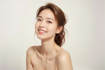 A woman with a beautiful smile and a ponytail - obrazy, fototapety, plakaty