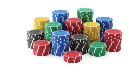 Multiple stacks of red, blue, yellow and green poker chips or tokens over white background