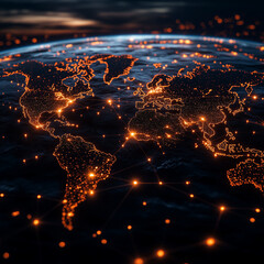 Global map with glowing orange networks and dark background.