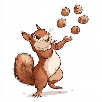 A squirrel juggling acorns, cartoon style, playful mood, warm tones, isolated on white background