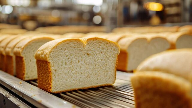 Freshly baked loaves of bread lined up in a warm bakery setting.