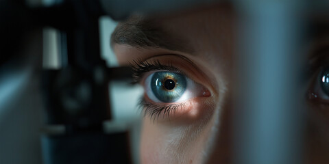 A detailed close-up of an eye during an optometry examination shows the intricate details of the iris and the professional equipment used, symbolizing vision and precision.