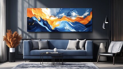 Dynamic orange blanc and blue abstract waves sweeping across the canvas