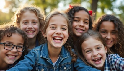 Fototapeta premium A vibrant group of six girls, diverse in appearance, radiates joy as they share a moment of laughter in a sunlit park. Their beaming smiles and playful expressions capture the essence of friendship