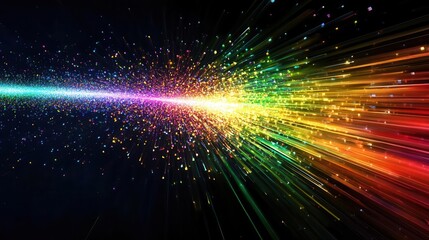 Obraz premium A trail of rainbow particles bursting outward from a central point, highenergy and vibrant