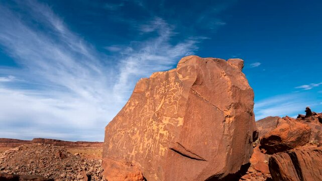 Time lapse of cloud over Inscription on the rock by Nabatean in Tabuk, Alula, Saudi Arabia