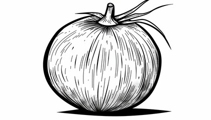 A hand-drawn, vintage-style illustration of a whole onion. Ideal for recipe books, menus, or food packaging labels. Evokes a rustic farm-to-table feel.