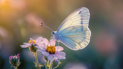 Fototapeta premium A delicate butterfly rests on a pink flower in a softly lit meadow. Its translucent wings shimmer with subtle pastel hues, surrounded by a dreamy, blurred background.