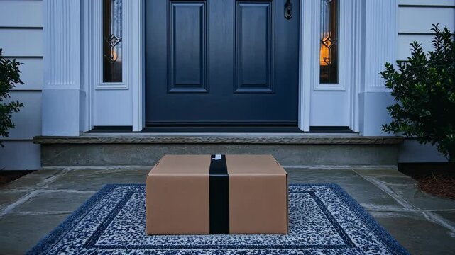Delivery box resting on porch mat in front of blue door during evening hours