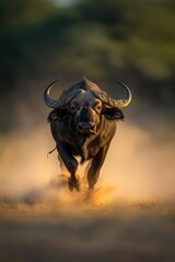 Powerful African Buffalo Charging Through Dusty Landscape at Sunset