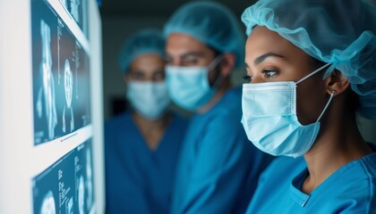 A focused female doctor in scrubs and a surgical mask examines X-ray images, flanked by two colleagues in similar attire. The scene captures the dedication and teamwork of healthcare workers as they