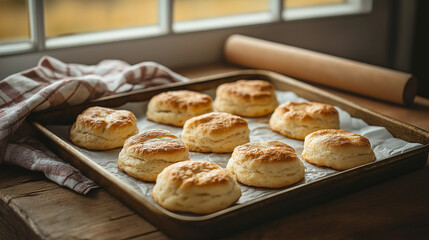 Freshly Baked Biscuits: A tray of golden-brown biscuits fresh out of the oven, placed on a rustic wooden table with a tea towel and rolling pin in the background, captured in soft natural light.