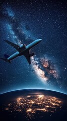 An airplane flying into the Milky Way, Earth s night lights sparkling below, symbolizing global reach, artistic