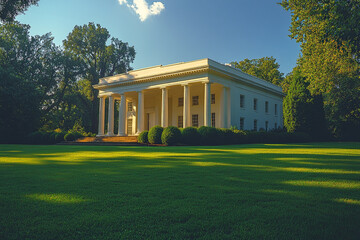 Obraz premium Elegant White Colonnaded Mansion on Green Lawn