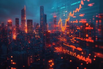 Fototapeta premium dynamic city skyline with a futuristic financial overlay depicting market trends and growth illuminated by vibrant lights against a night sky
