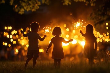Children playing with sparklers and blank space for captions, joyful celebration template, playful