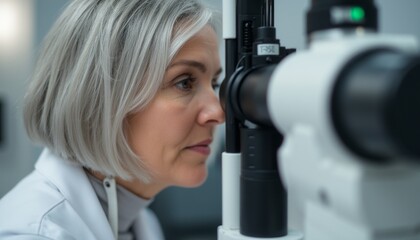 A dedicated female optometrist with short, silver hair closely examines a patients eye through a high-tech optical device. The image captures the essence of professionalism and care in the field of