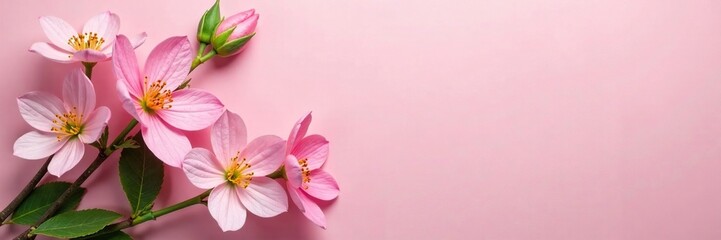 Delicate pink flowers in a lush green wreath on a soft pink background, spring, pink, arrangement