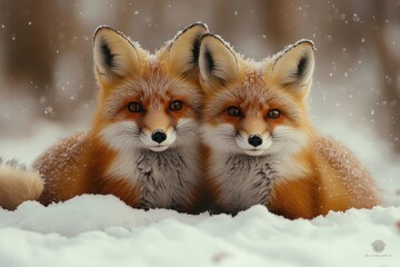 Fototapeta premium Two red foxes sitting calmly in a snowy forest during winter with soft snowflakes falling around them