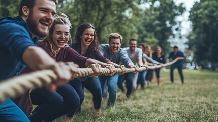 Happy friends playfully pulling a thick rope outdoors