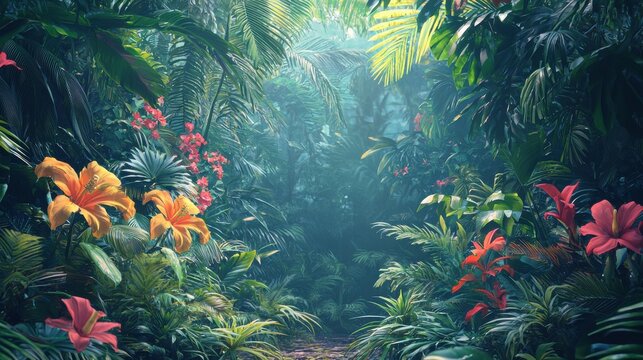 Exploring vibrant jungle flora lush rainforest nature tropical landscape eye-level view hyperrealistic detail