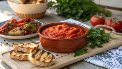 Traditional serving of ajvar in pottery accompanied by grilled bread and fresh vegetables outdoors