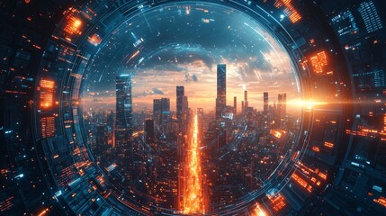 Fototapeta premium Futuristic Cityscape with Abstract Technology and Sunset Glow