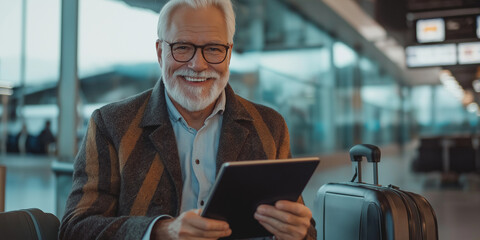 An elderly gentleman with a warm smile is seated in an airport terminal, engaging with a tablet, signifying travel, technology, and contentment in modern mobility.
