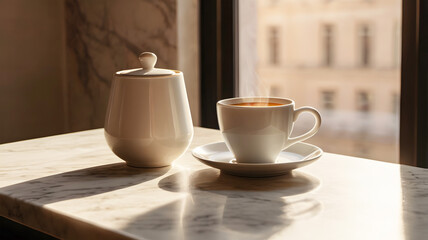 Obraz premium Minimalist Interior with Coffee Cup and Warm Light