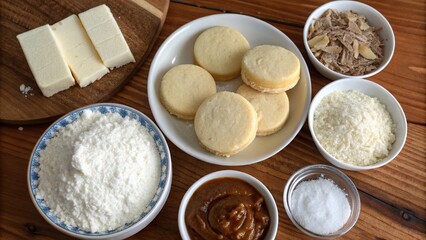 Fototapeta premium Flat lay of alfajores ingredients showcasing dulce de leche, coconut, and flour on a wooden table