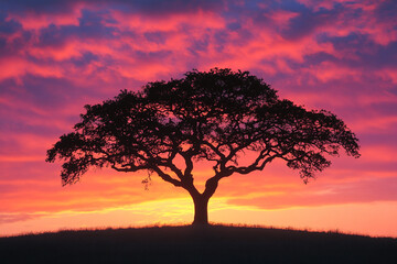 Fototapeta premium Silhouetted Oak Tree Against Vibrant Sunset Sky