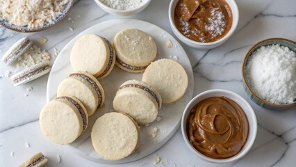 Fototapeta premium Delicious alfajores prepared with creamy fillings and surrounded by ingredients showcases a delectable dessert experience