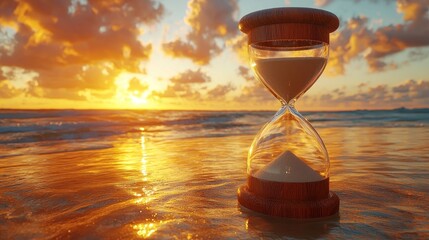 An hourglass on a beach at sunset, symbolizing the passage of time and tranquility.