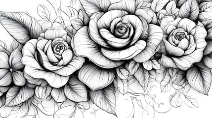 Intricate Hand-Drawn Roses with Detailed Leaves Vintage-Inspired Rose Illustrations for Home Decor Black and White Floral Line Art for Adult Coloring Books Stylized Botanical Sketches for Graphic