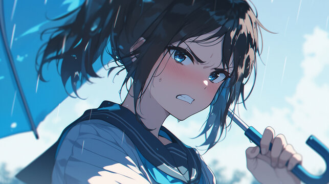 Tsundere Anime Girl Holding an Umbrella in a School Uniform, Blushing Furiously
