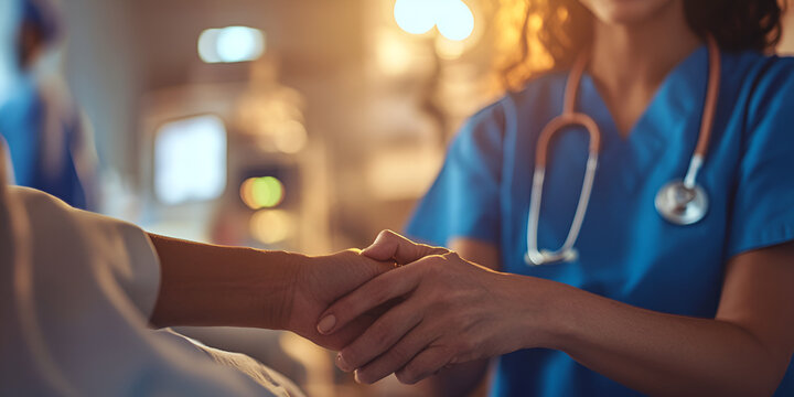 Nurse holding patient’s hand in a comforting hospital environment, Compassionate healthcare professional providing emotional support