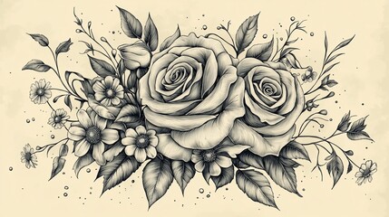 Intricate Hand-Drawn Rose Bouquet with Delicate Vines and Daisies Intricate Floral Line Art for Wedding Stationery Botanical Sketch Illustrations for Home Decor Hand-Drawn Roses and Daisies