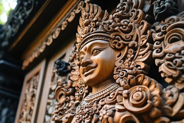 Traditional wooden carvings with blank space for heritage captions, craft history graphic, rich tones