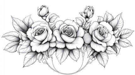 Elegant Rose Bouquet Line Art with Bold Leaves for Coloring Elegant Rose Line Art for Stress-Relief Coloring Floral Sketch Designs for DIY Craft Projects Minimalist Botanical Wall Art for Home