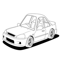 vector illustration a sports car outline with a streamlined body and tinted windows, set against a futuristic cityscape at dusk