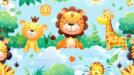 Naklejka premium jungle safari seamless pattern wallpaper