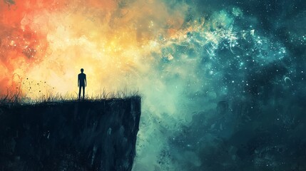 Fototapeta premium Solitary Figure Contemplating Cosmic Landscape with Vibrant Colors