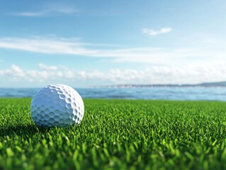 Obraz premium Golf Ball on Lush Green Grass by Tranquil Water Under Blue Sky